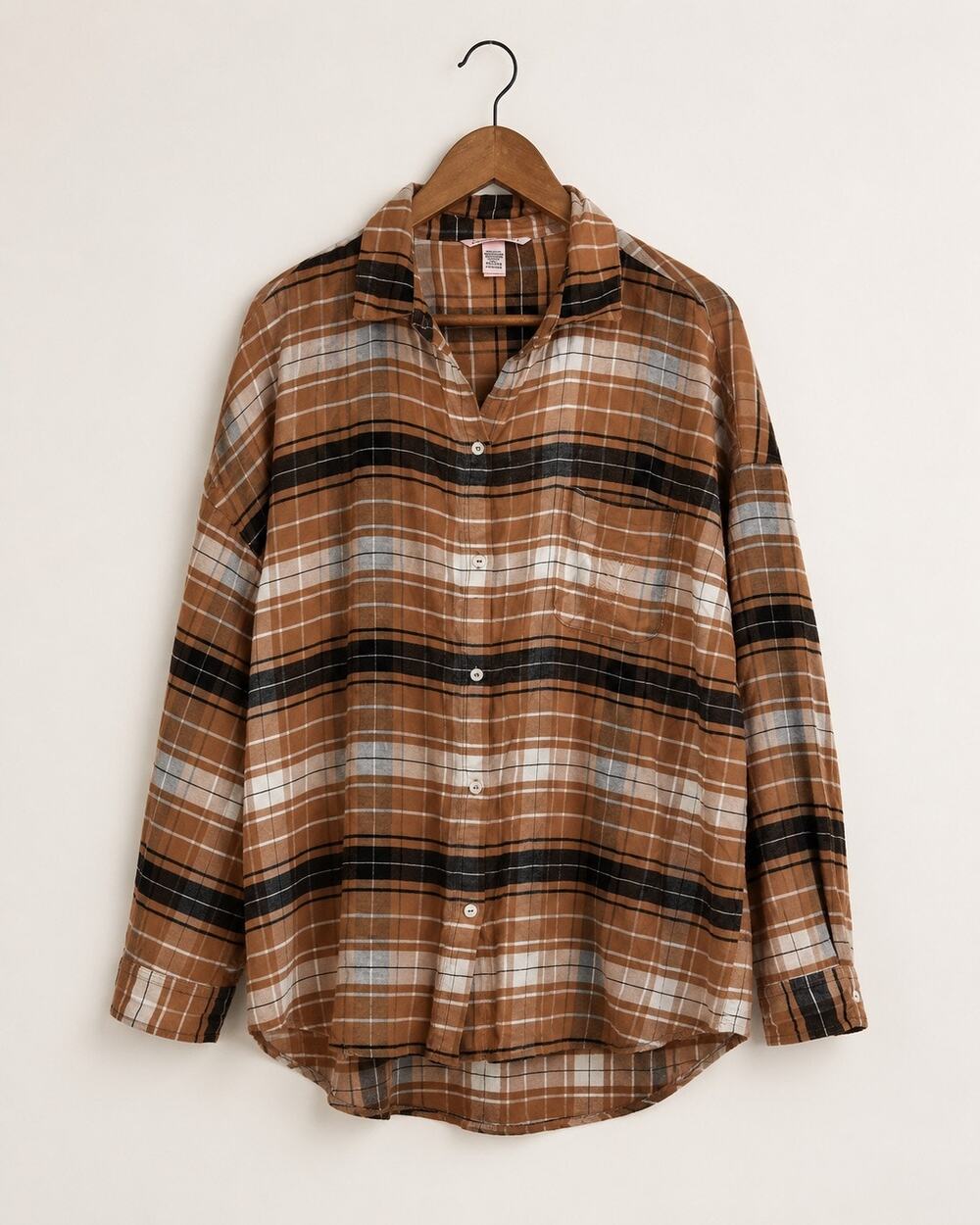 Victoria's Secret Womens Plaid Flannel Shirt Brown Black Oversized Button Sz L